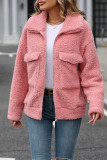 Pink Zipper Design Pockets Fleece Coat 