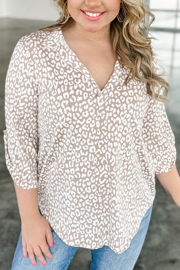 Apricot Leopard Tab Sleeve V Neck Plus Size Top