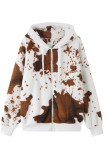 Hooded Cow Print Zipper Coat 