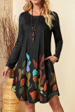 Black Ruffle Printed Long Sleeves Dress 