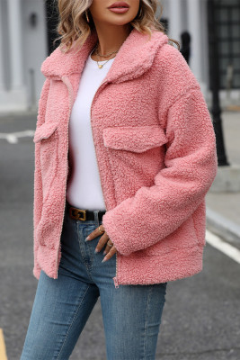 Pink Zipper Design Pockets Fleece Coat 