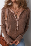 Coffee Acid Wash Waffle Knit Buttoned Neckline Long Sleeve Top