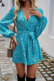 V Neck Puff Sleeves Floral Romper 