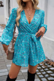 V Neck Puff Sleeves Floral Romper 