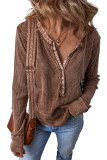 Coffee Acid Wash Waffle Knit Buttoned Neckline Long Sleeve Top