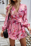 V Neck Puff Sleeves Floral Romper 