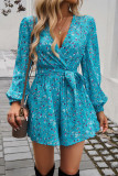 V Neck Puff Sleeves Floral Romper 