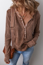 Coffee Acid Wash Waffle Knit Buttoned Neckline Long Sleeve Top