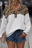 White Leopard Waffle Knit Patchwork Button V Neck Top