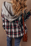 Red Plaid Print Chest Pocket Buttoned Hooded Shacket