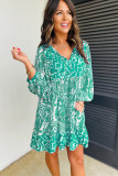 Green Bohemian Print Puff Sleeve Tied V Neck Flared Mini Dress