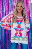 White Oversize Aztec Print High Low V Neck Sweater