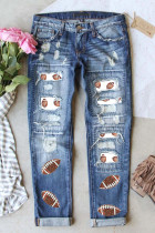 Sky Blue Sequin Rugby Football Patchwork Distressed Straight Leg Jeans