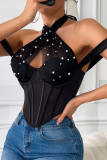 Rhinestone Black Halter Fishbone Corset Top 