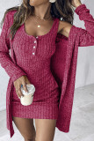 Wine Red Knitting Dress and Cardigan 2PCS Set 