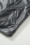 Black PU Leather Lapel Collar Zipper Jacket