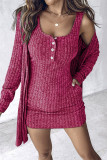 Wine Red Knitting Dress and Cardigan 2PCS Set 