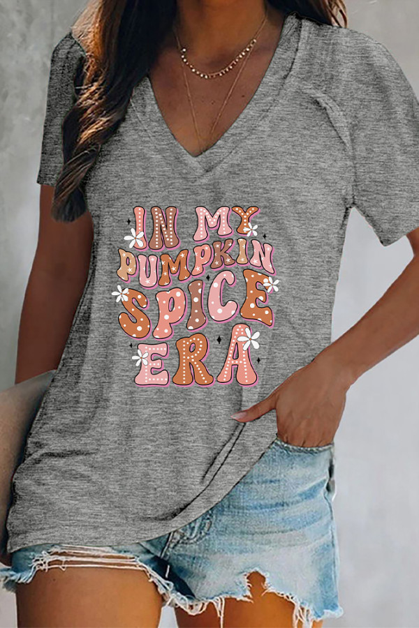 Pumpkin Spice Era Print V Neck Graphic Tee