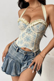 Halter Neck Fish Bone Floral Corset Top 