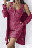 Wine Red Knitting Dress and Cardigan 2PCS Set 