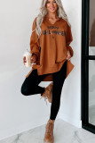 Chestnut Sequin Happy Halloween Graphic Notched Neck Long Sleeve Loose Top