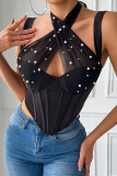 Rhinestone Black Halter Fishbone Corset Top 