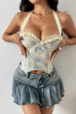 Halter Neck Fish Bone Floral Corset Top 