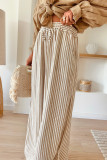 Khaki Stripe Plus Size Drawstring High Waist Wide Leg Pants