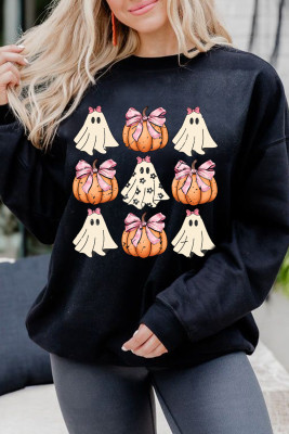 Black  Halloween Bowknot Ghost Pumpkin Graphic Crewneck Sweatshirt