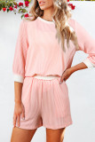 Pink Corded Colorblock Long Sleeve Top and Shorts Set
