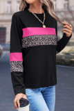 Rose Leopard Colorblock Patchwork Crew Neck Long Sleeve Tee