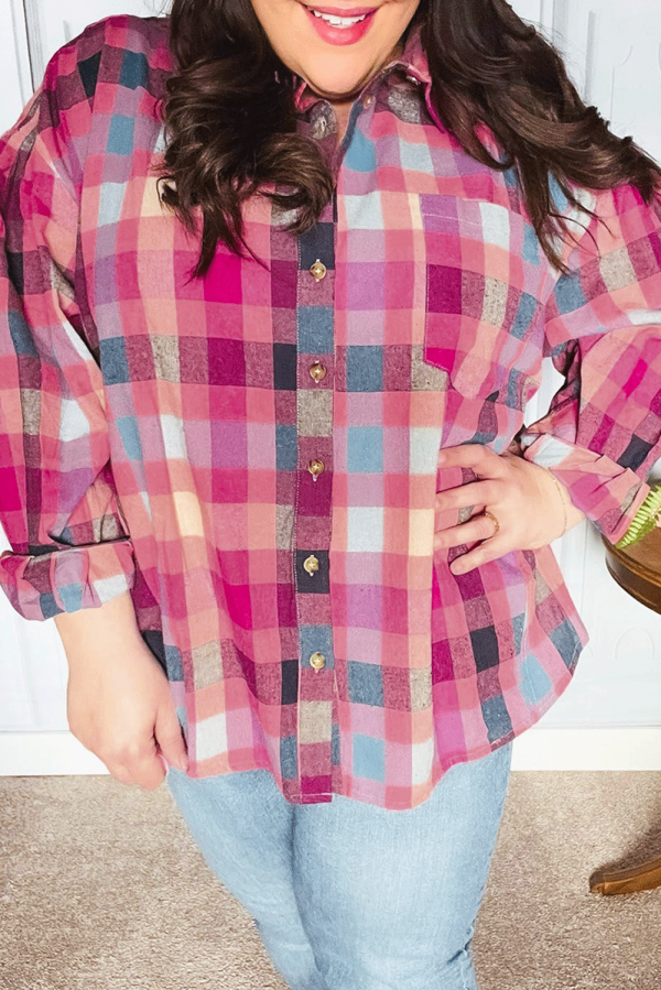 Rose Stripe Plus Size Checkered Print Button up Shirt