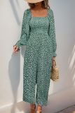 Green Square Neck One Piece Wide Leg Jumpsuit 