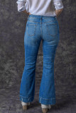 Sky Blue Sequin Rugby Football Pattern High Waist Distressed Flare Jeans