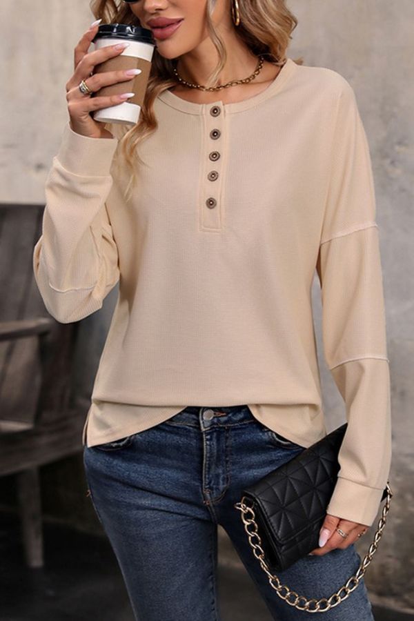 Beige Button Up Knitting Henley Top 