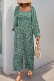 Green Square Neck One Piece Wide Leg Jumpsuit 