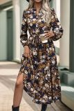 Navy Flower Printed Split Dress 