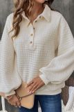 Beige Turndown Collar Button Textured Sweatshirt 