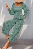 Green Square Neck One Piece Wide Leg Jumpsuit 