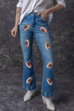 Sky Blue Sequin Rugby Football Pattern High Waist Distressed Flare Jeans