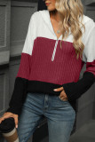 Half Zipper Hooded Colorblock Knitting Top 