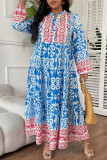 Sky Blue Vintage Floral Color Block Notch Neck Plus Size Dress