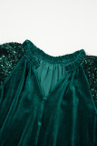 Evergreen Sequin Patchwork Sleeve Button Up Velvet Top