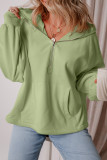 Smoke Green Fleece Lined Half Zipper Kangaroo Pockets Loose Hoodie