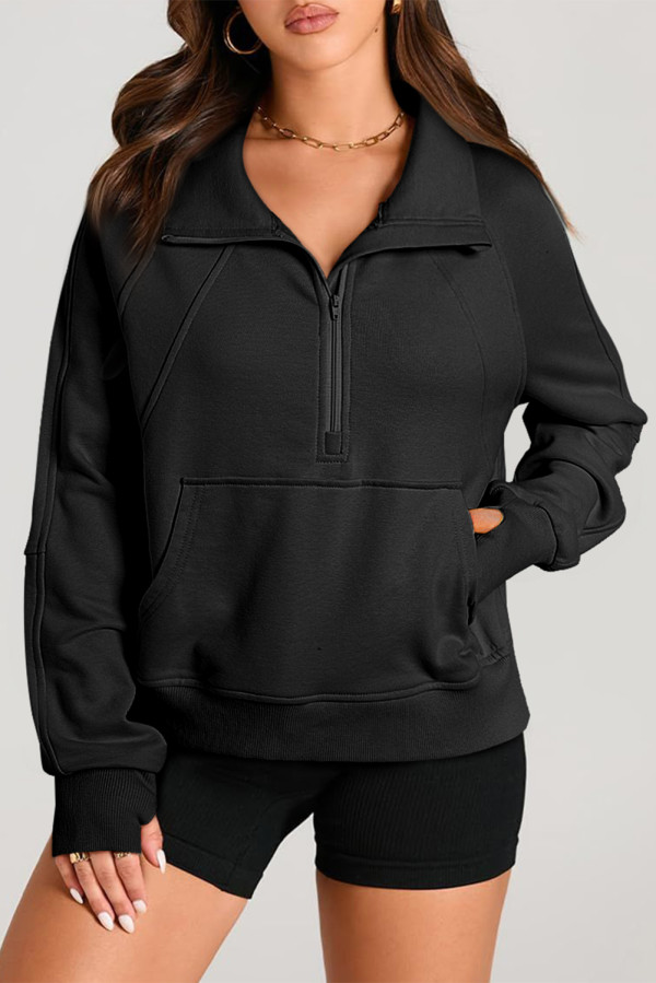 Black Quarter Zip Stand Neck Kangaroo Pocket Sweatshirt