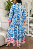 Sky Blue Vintage Floral Color Block Notch Neck Plus Size Dress