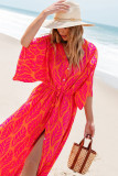 Orange Leafy Print 3/4 Sleeve V Neck Buttoned Split Maxi Dress