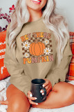 Khaki Floral Checkered Pumpkin Graphic Drop Shoulder Thanksgiving Sweatshirt