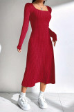 Square Neck Ribbed Knitting Dress 