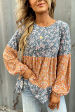 Orange Floral Color Block Ruffled Hem Round Neck Blouse